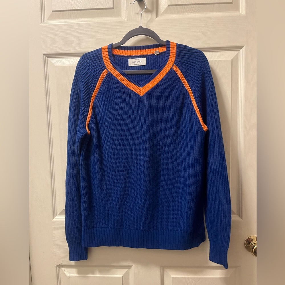 Best Wool Men's Blue and Orange‎ V-Neck Sweater. Sz Small. Baseball/Mets